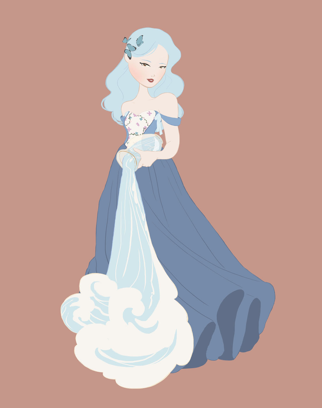 woman with blue hair and blue dress pouring water