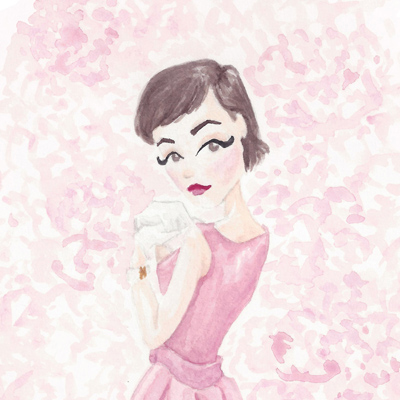 painting of audrey hepburn in pink dress surrounded by pink flowers