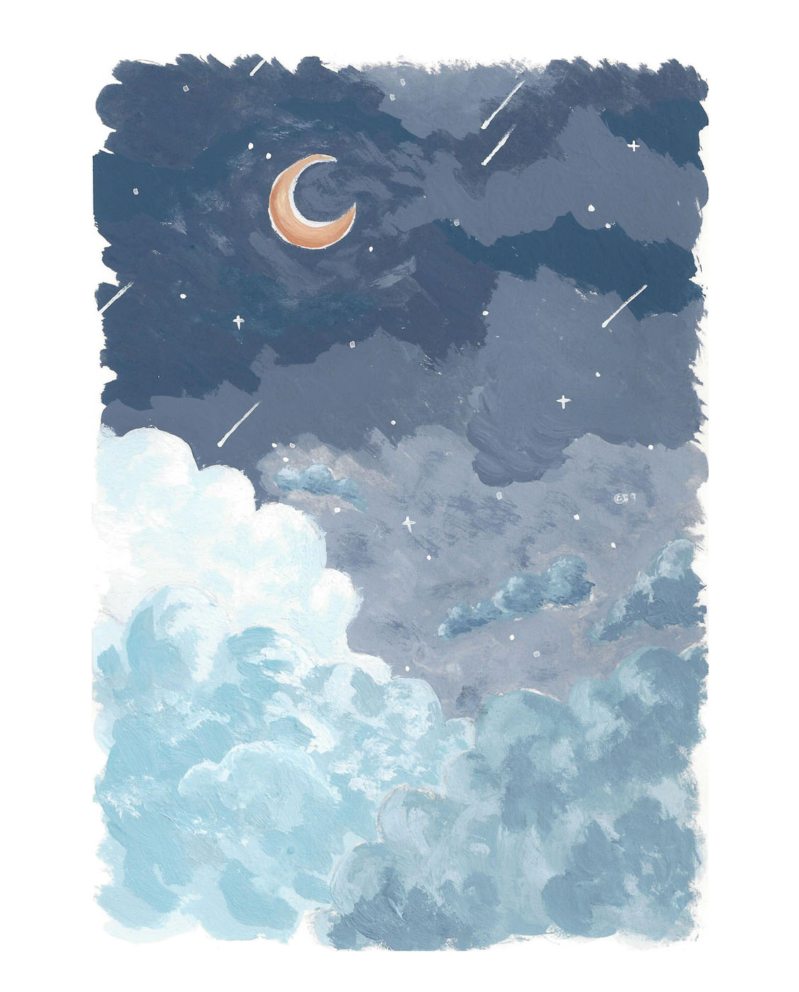 clouds at the bottom, with a star filled night sky and a few shooting stars