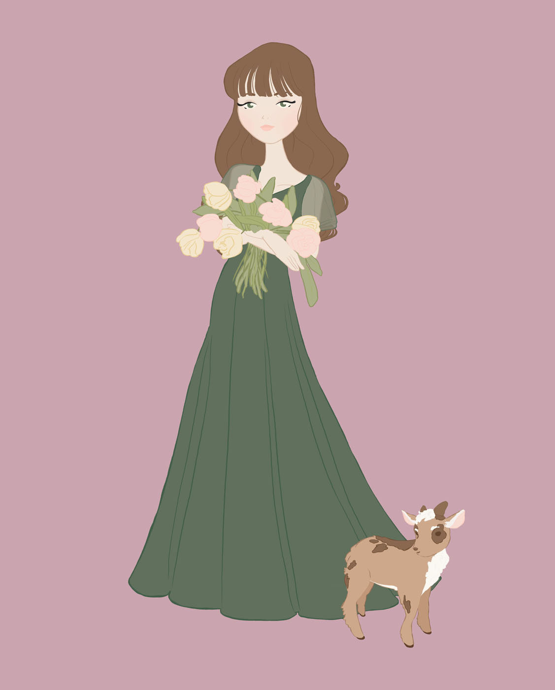 girl in green dress with a baby goat