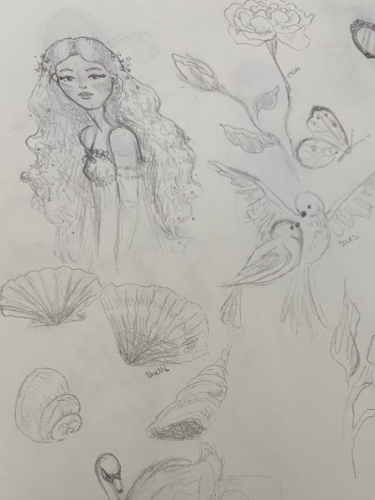 Sketched drawing of Aphrodite and her symbols