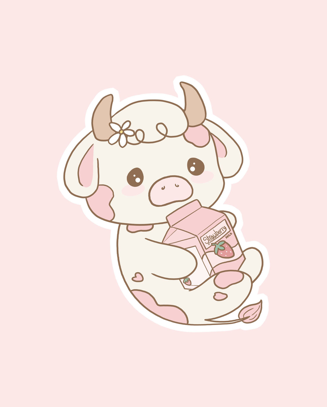 Pink spotted cow holding strawberry milk