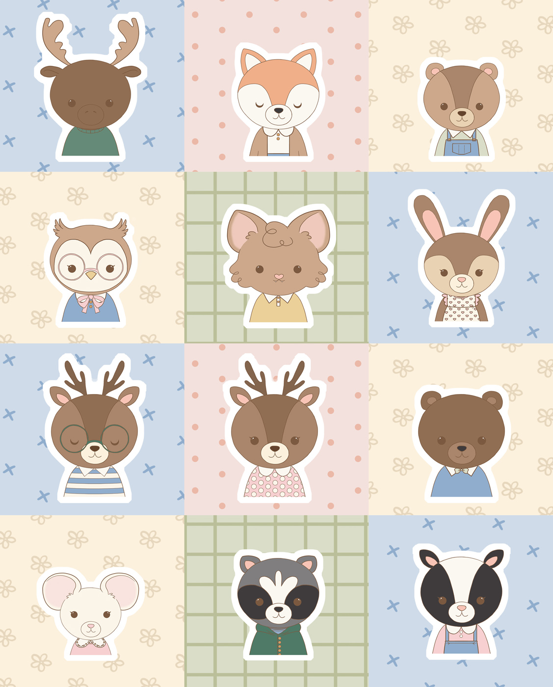 woodland animals in front of quilt like patterns