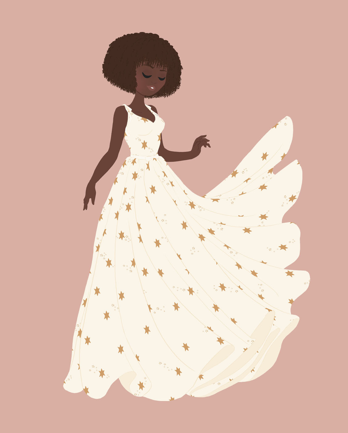 woman in cream dress with stars on it with the dress bottom swaying