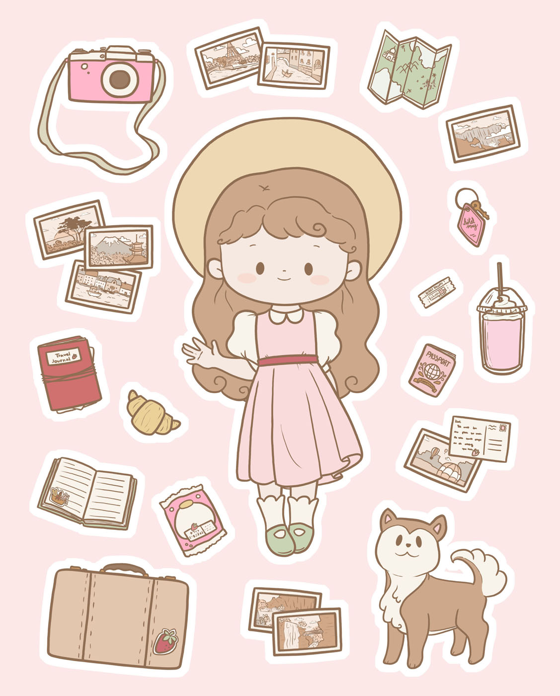 a bitty cutie surrounded by travel items and her dog