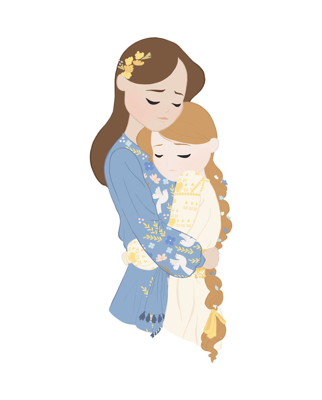 a mother and daughter hugging inspired by Ukraine