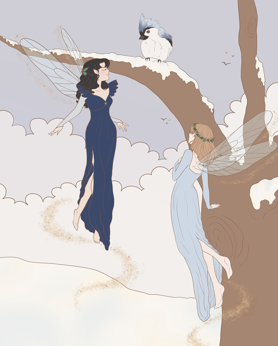 fairies wearing blue with a blue jay